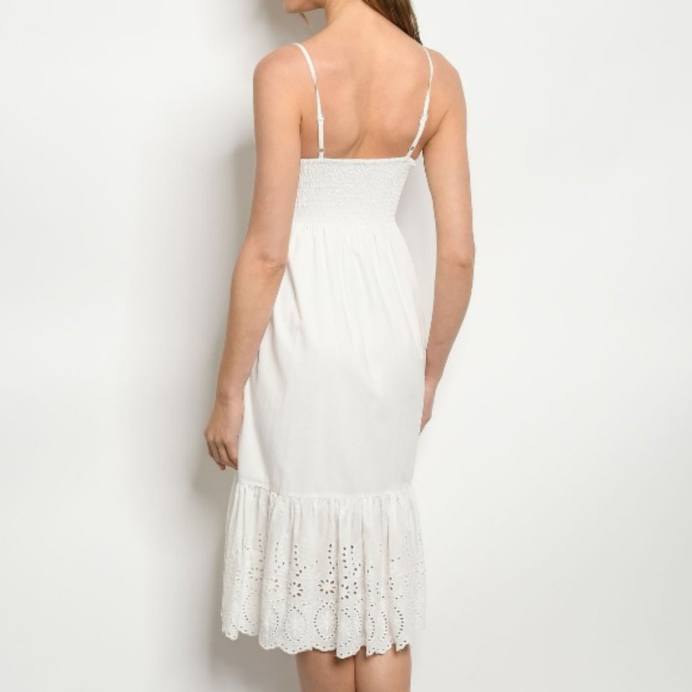 Off White Cotton Eyelet Detail Dress - Picture 2 of 8
